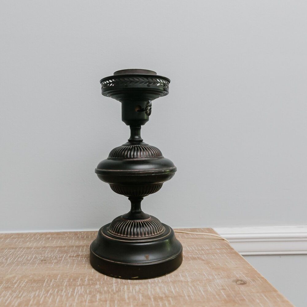 Vintage Antique Black Cast Metal Table Lamp Base Ornate Key Switch Tested